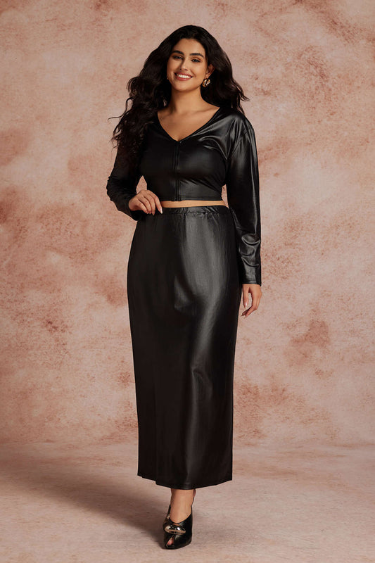 Plus Size Solid Pu Leather Zipper Long Sleeve V-Neck Shirt And Skirt Set