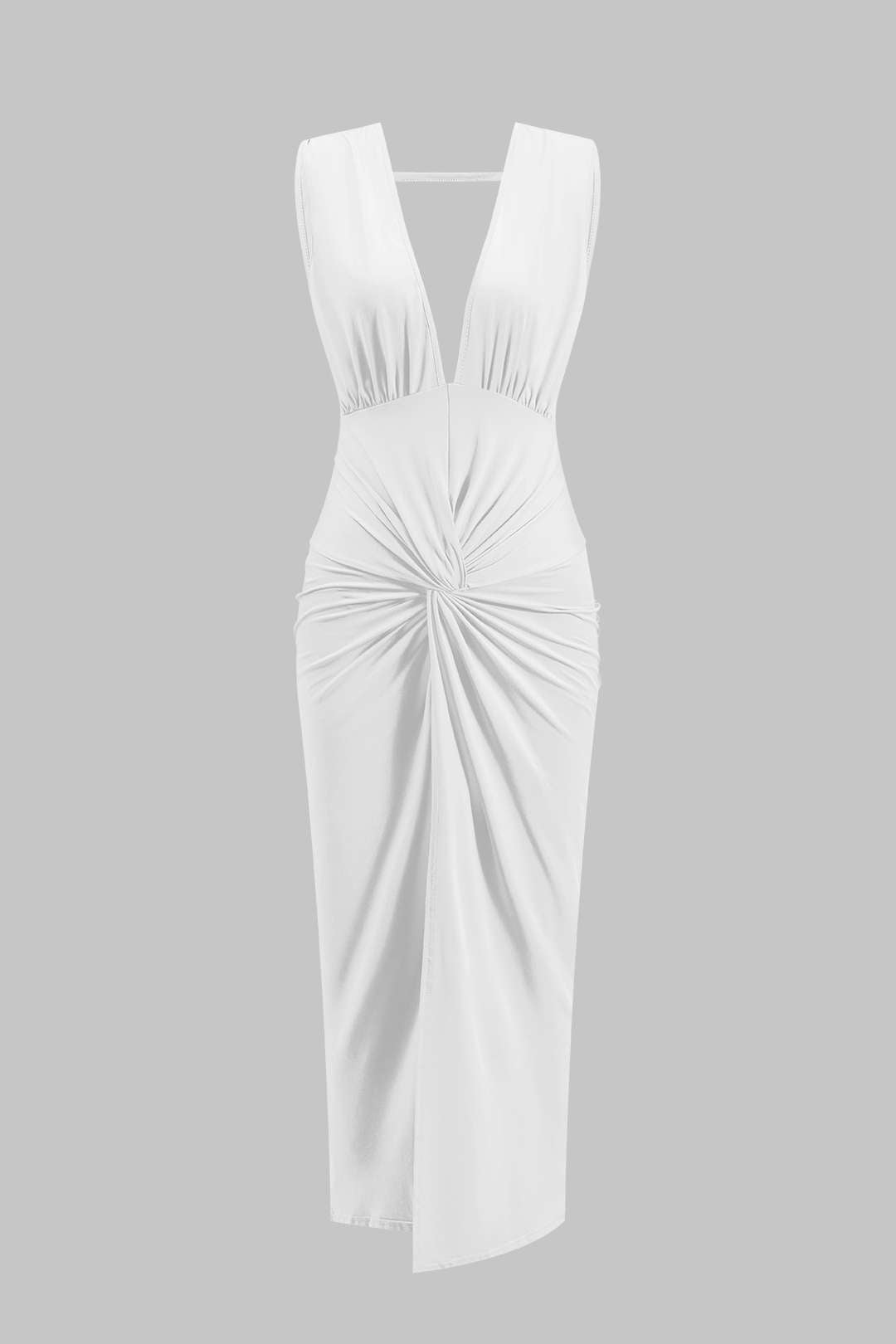 Ruched Twist Knot Backless Sleeveless Midi Dress