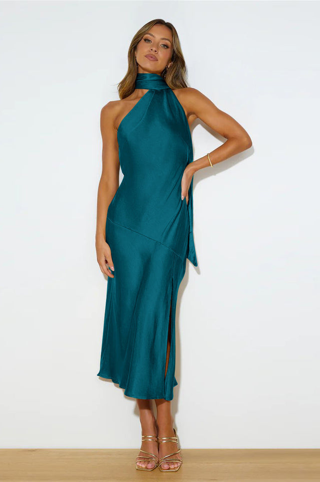 Slinky Open Back Halter Satin Dress