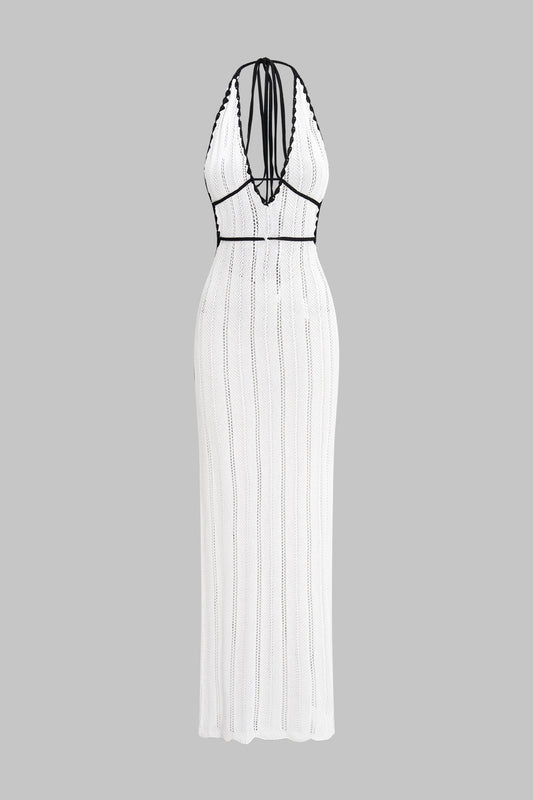 Knit Contrast Halter Neck V-Neck Backless Tie-Up Sleeveless Dress