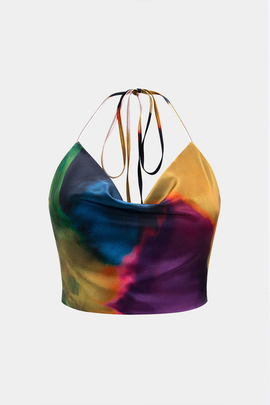 Plus Size Ombre Print Satin Zipper Tie-Up Cami Top