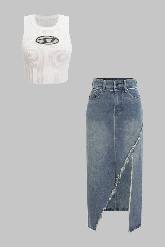 Denim Metallic Decor Tank Top And Asymmetrical Frayed Slit Skirt Set