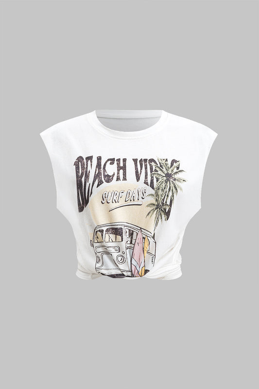 Coconut Palm Car Letter Print Tank Top