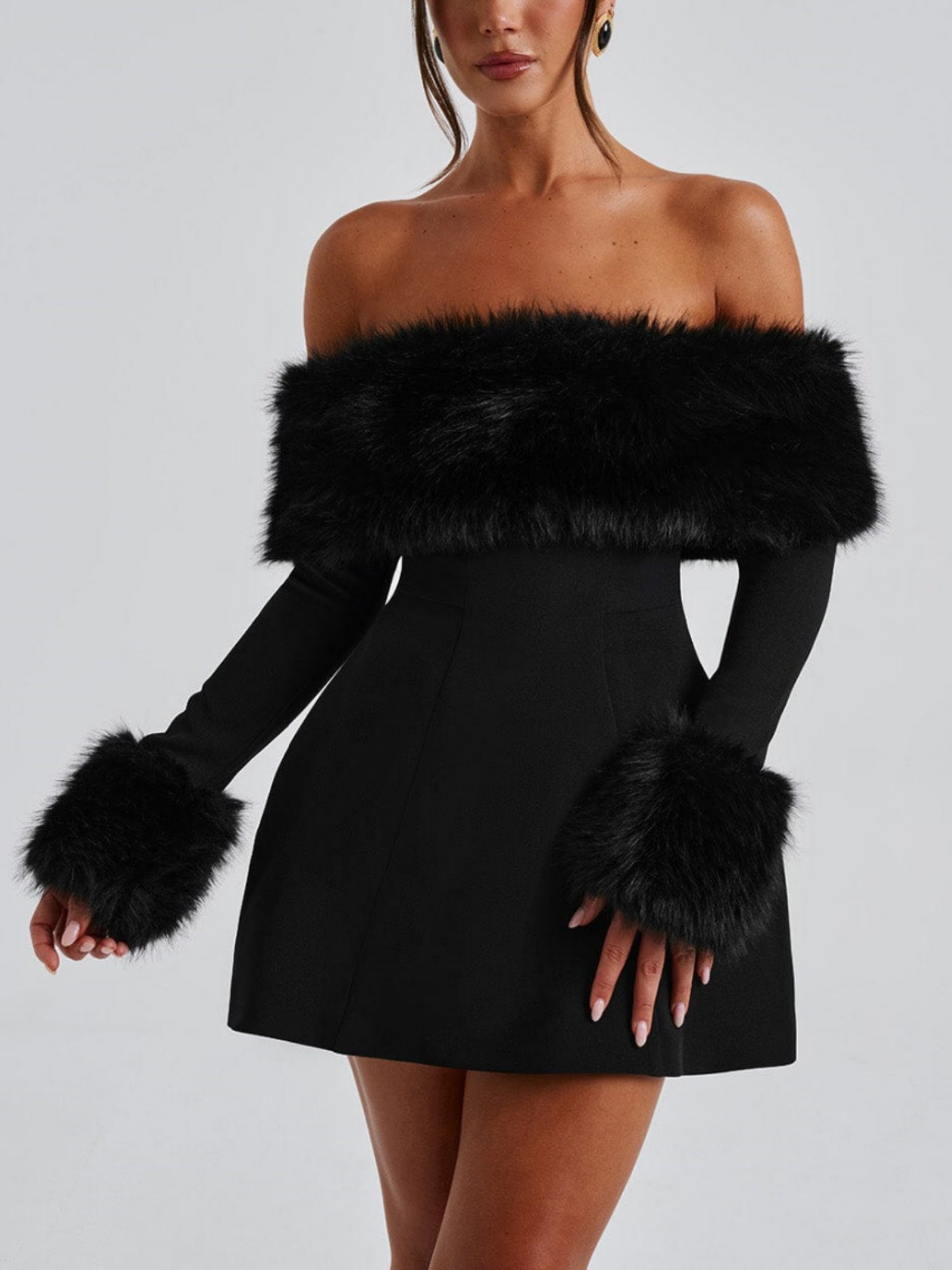 Imara - Off-Shoulder Fur Sleeve Mini Dress