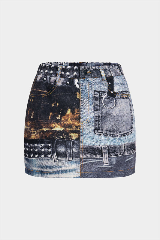 Printed Denim High Waist Pocket Skirt