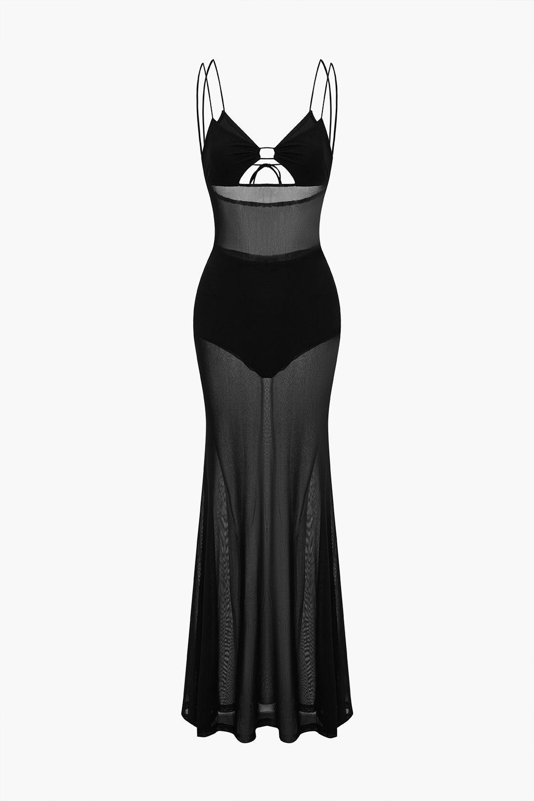 Solid Mesh Backless Tie-Up Maxi Dress