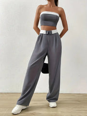 Contrast Vintage Off Shoulder Tube Top & Pants Two Piece Set