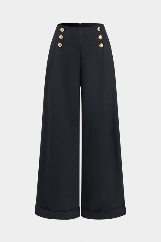 Button Zipper Wide Leg Trousers