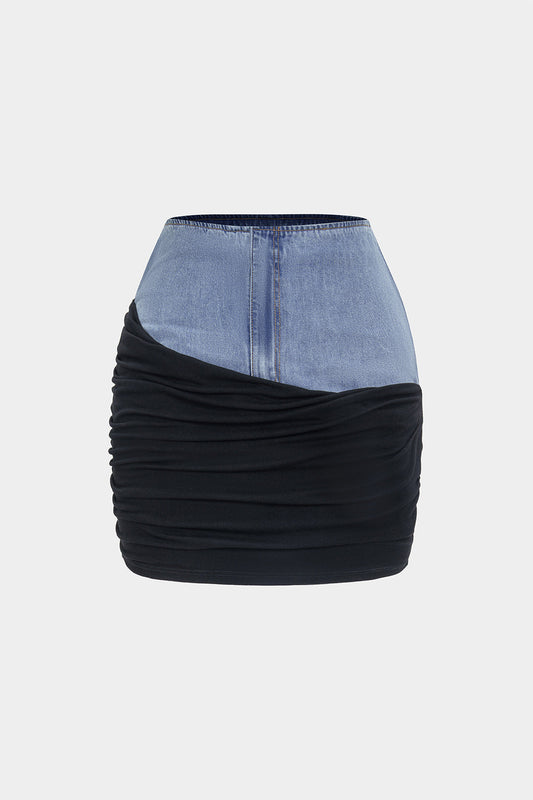 Denim Patchwork Ruched Skirt