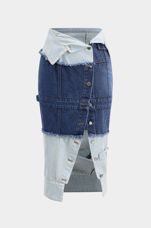 Contrast Denim Patchwork Button Skirt