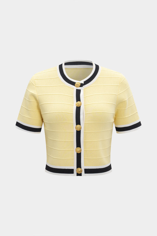 Knit Stripes Print Contrast Button Short-Sleeve Top
