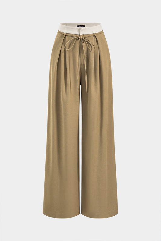 Ruched Patchwork Tie Front Wide Leg Trousers