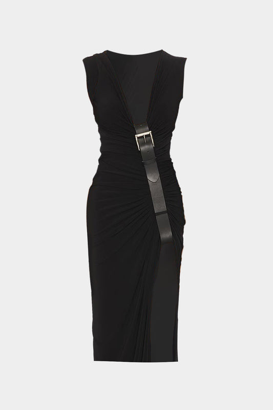 Ruched V-Neck Slit Asymmetrical Sleeveless Midi Dress