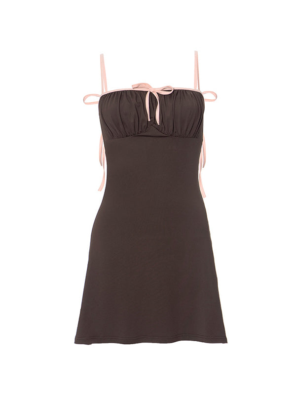 Brown Y2K Pleated Chest Strappy Backless Mini Dress