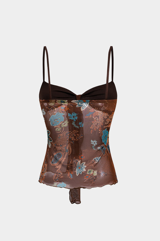 Contrast Retro Print Mesh Tie-Up Knot Slip Cami Top
