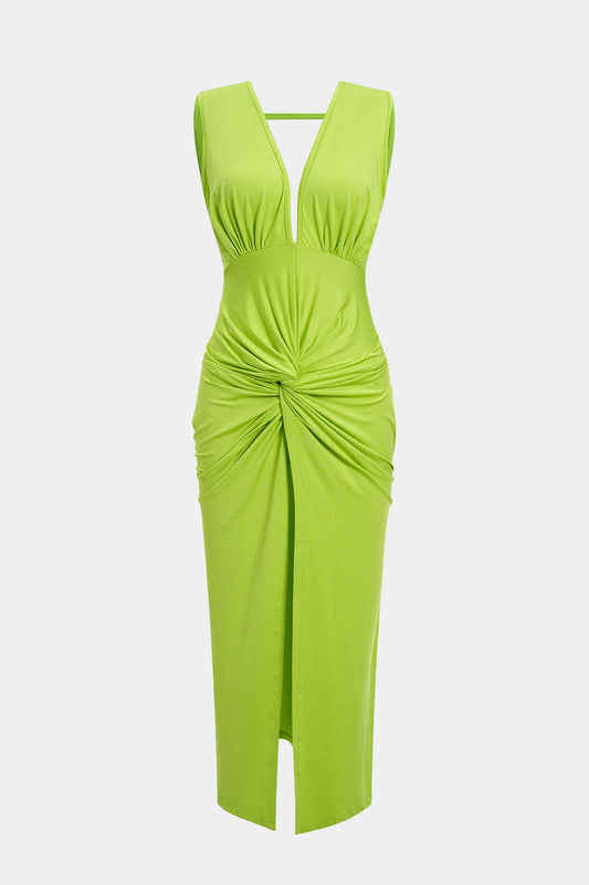 Ruched Twist Knot Backless Sleeveless Midi Dress