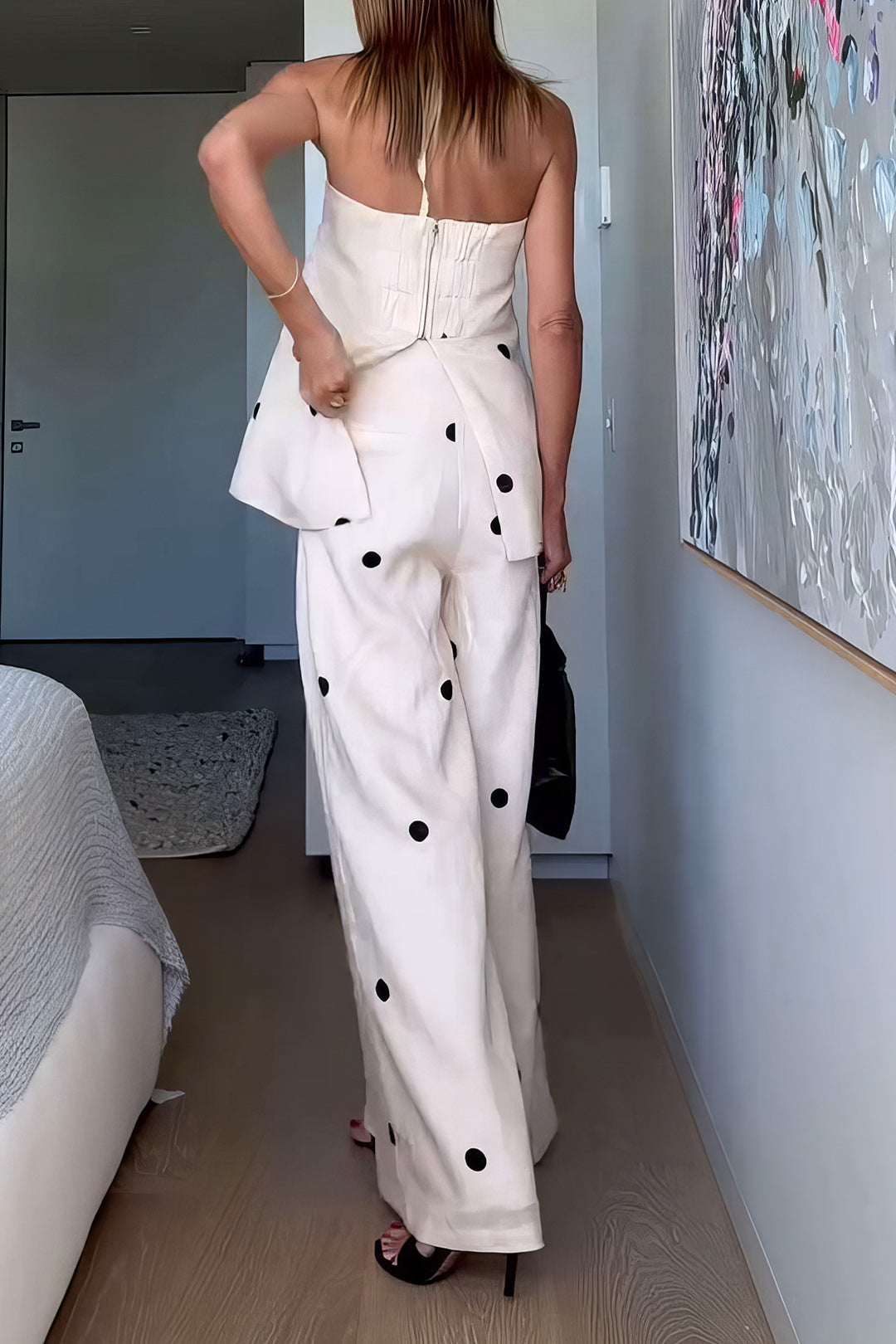 Polka Dots Print Shirt And Wide Leg Pants Set