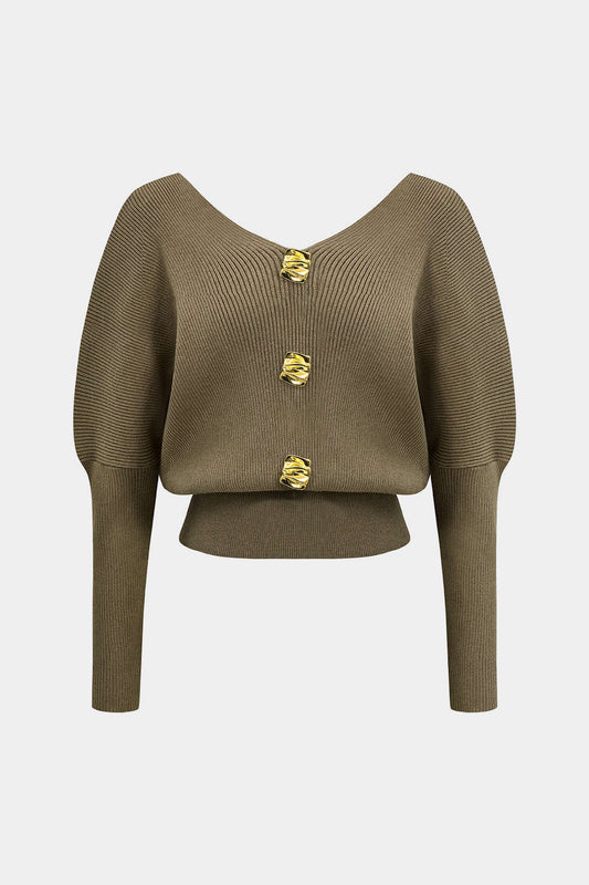 Solid Button V-Neck Sweater Long-Sleeve Top