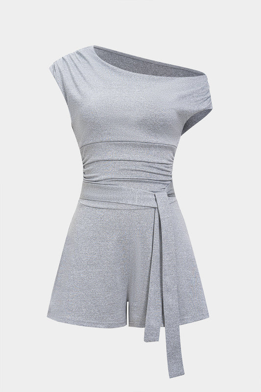 Ruched Belted Asymmetrical Short Sleeve Jumpsuit