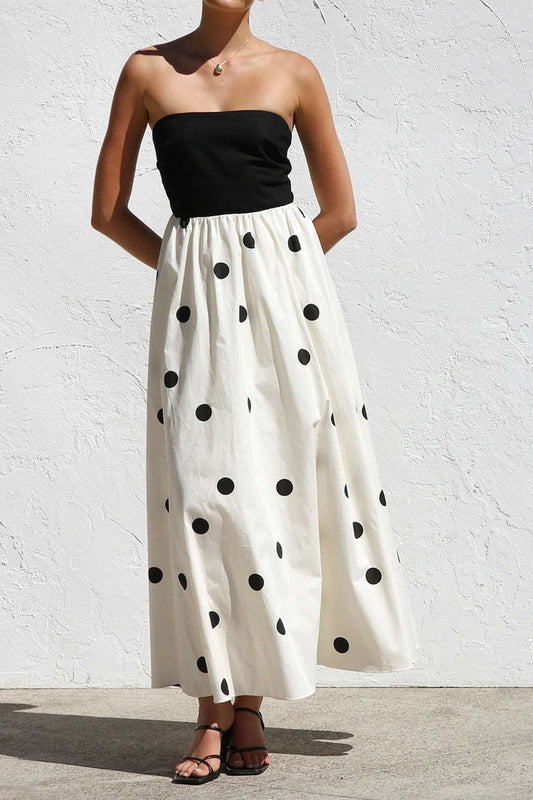Polka Dots Print Patchwork  Strapless Maxi Dress