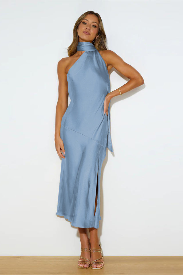 Slinky Open Back Halter Satin Dress