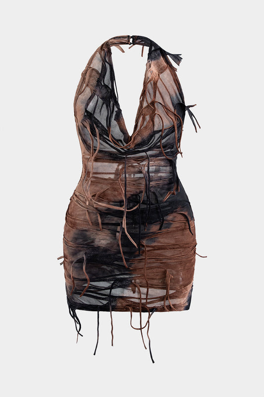 Plus Size Tie Dye Print Tie Front Halter Neck Mini Dress