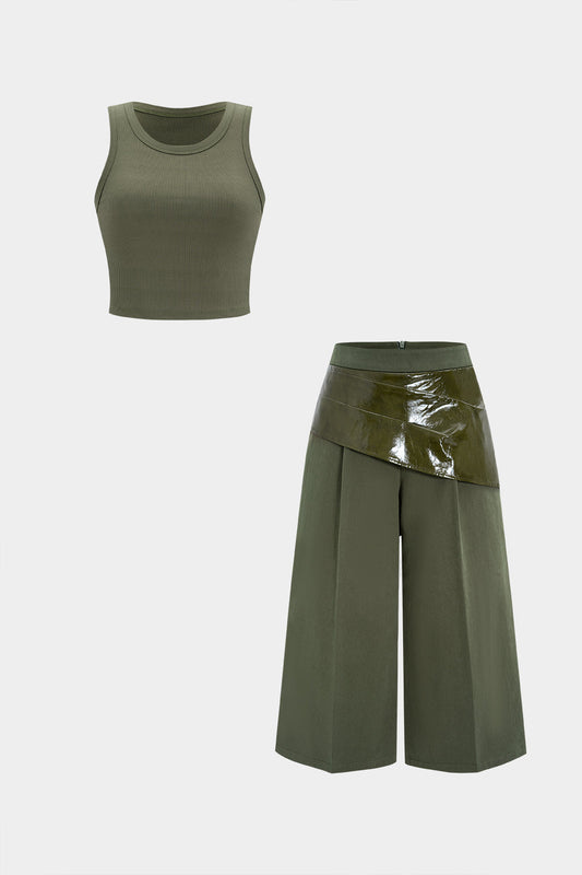 Basic Tank Top And Faux Leather Zipper Asymmetrical Ruched Patchwork Shorts Set