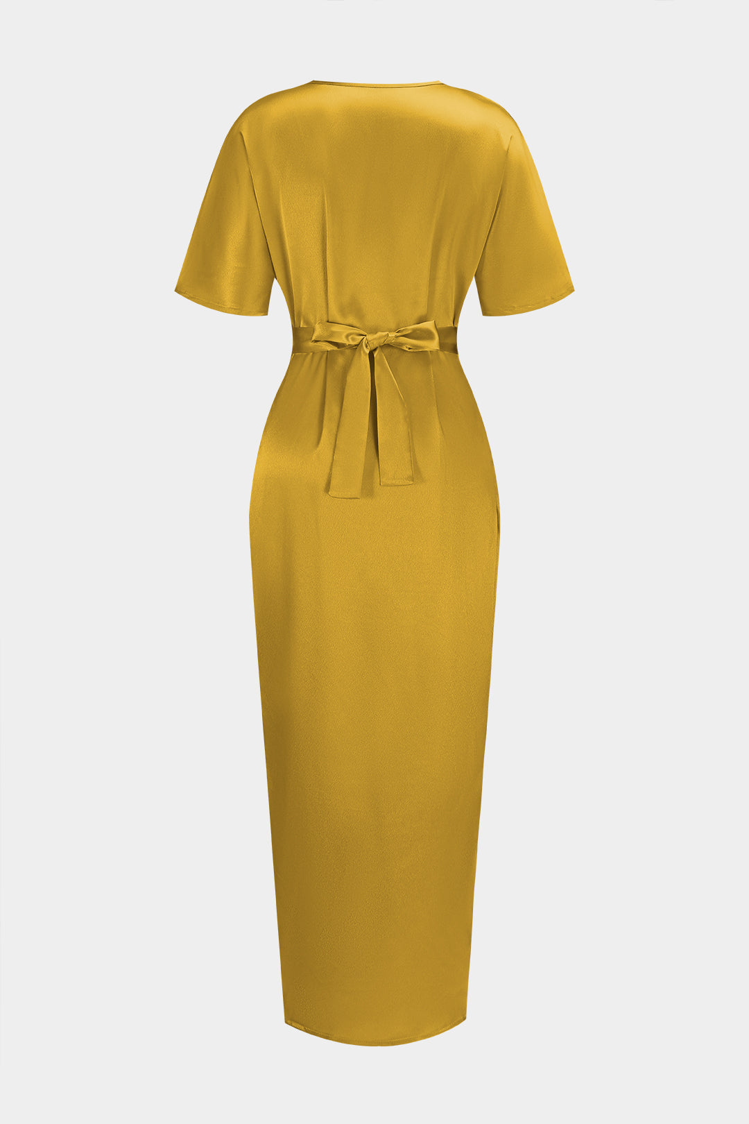 Satin Strappy V-Neck Slit Short Sleeve Midi Dress