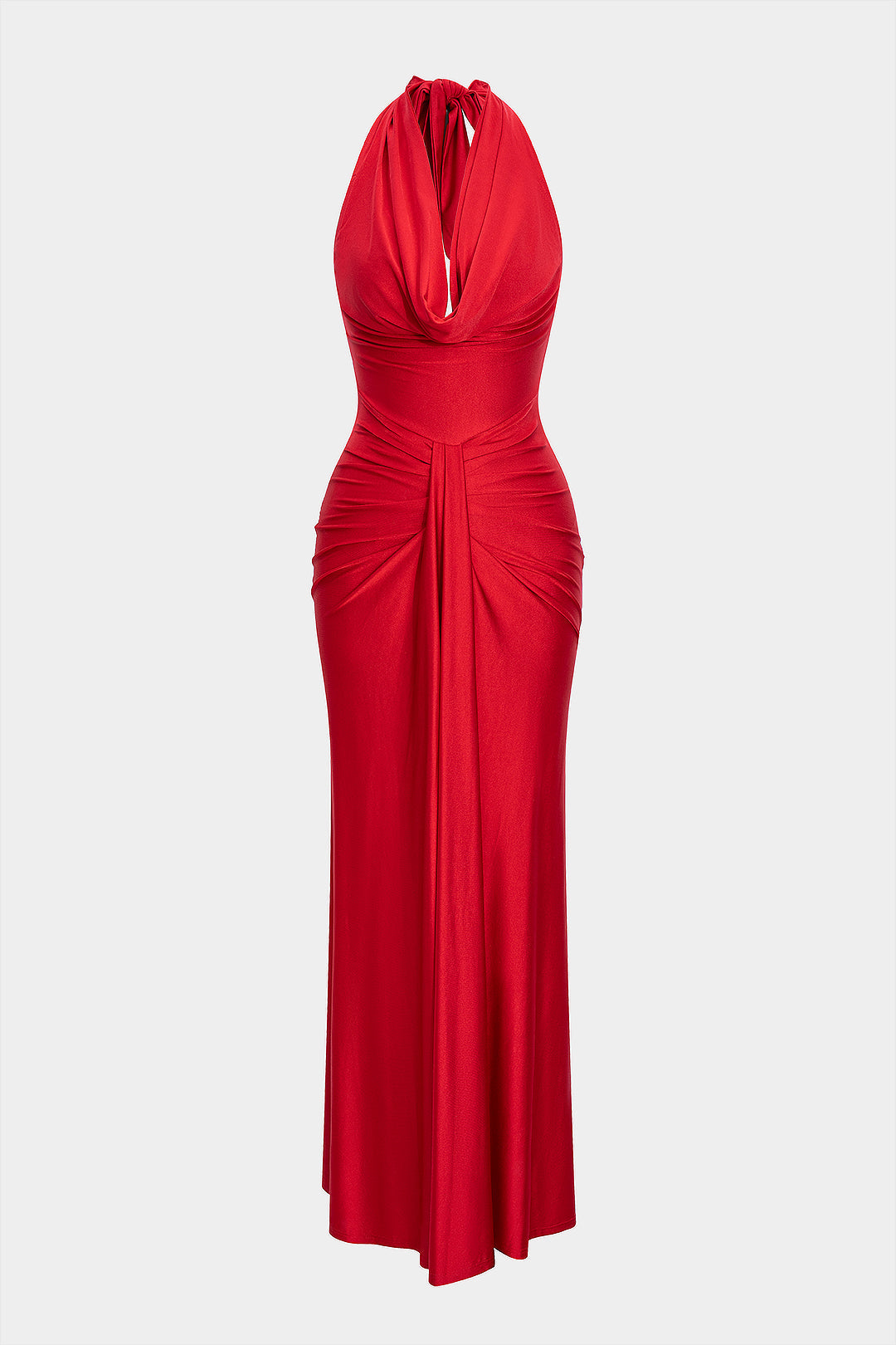 Halter Draped Cowl Neck Tie-Back Ruched Backless Sleeveless Maxi Dress