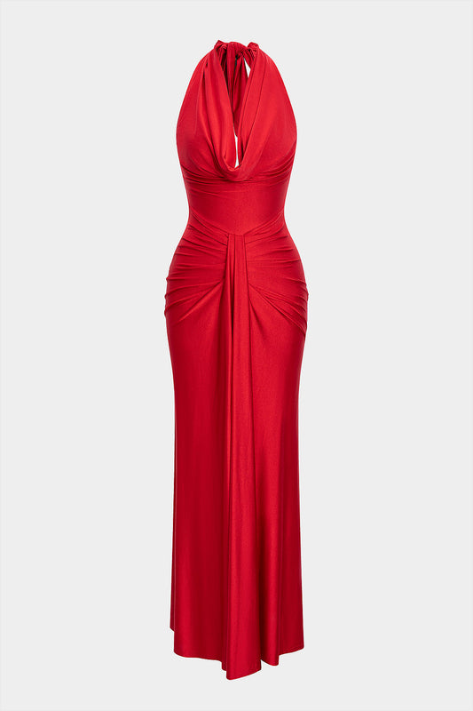 Halter Draped Cowl Neck Tie-Back Ruched Backless Sleeveless Maxi Dress
