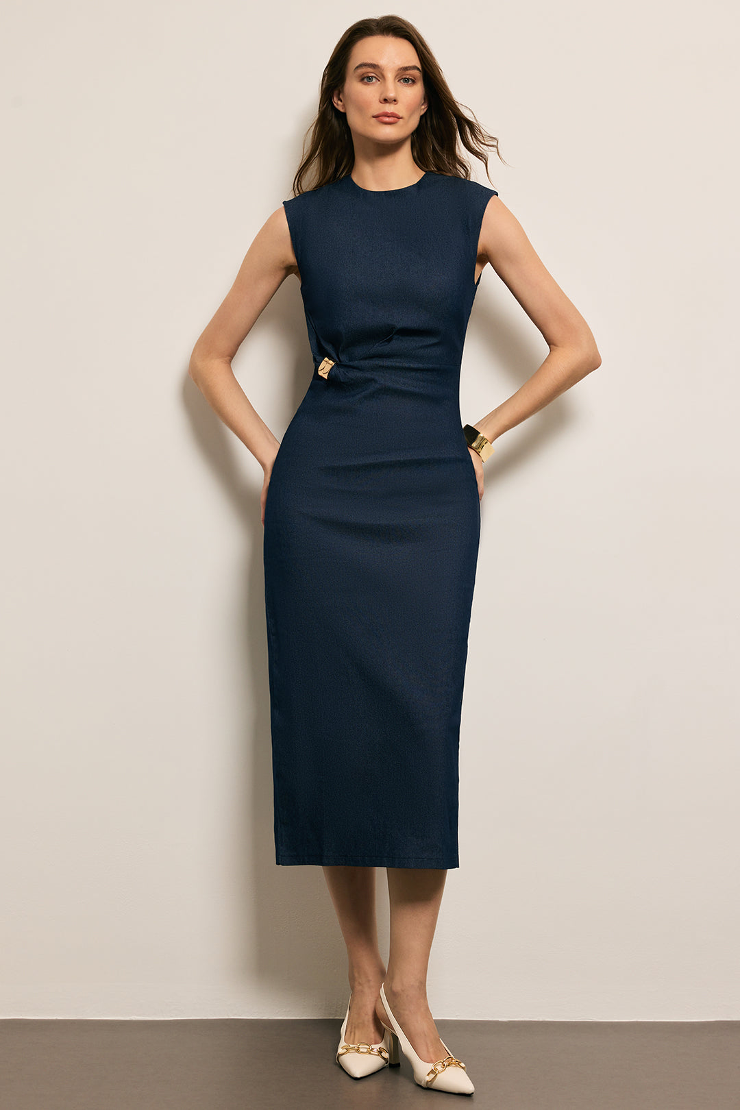 Denim Metallic Decor Ruched Tank Sleeveless Dress
