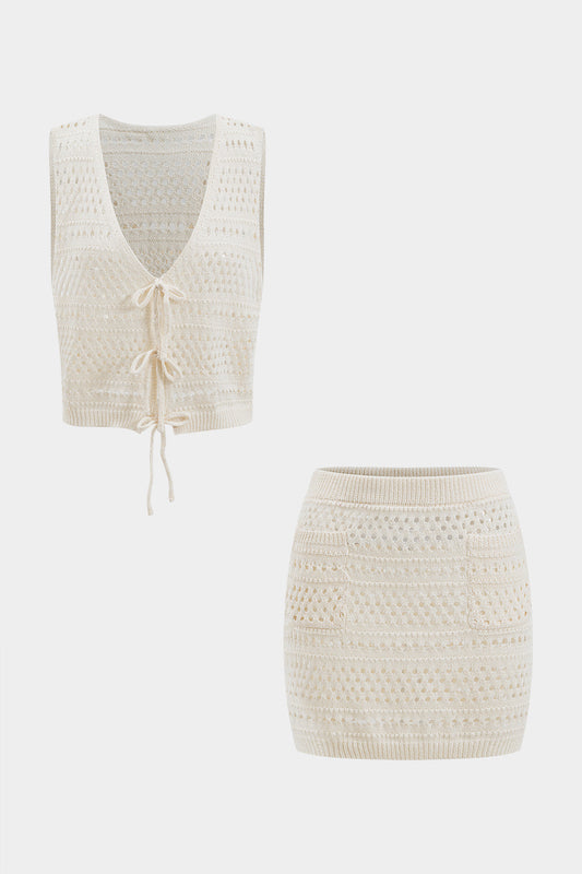 Hollow Out Knit Tank Top And Skirt Set