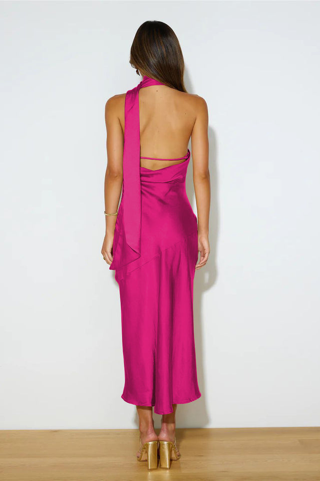 Slinky Open Back Halter Satin Dress