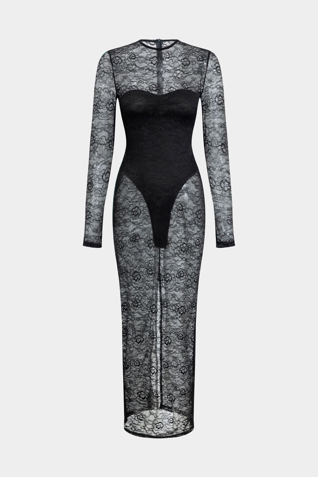 Ruched Bustier Bodysuit And Lace Sheer Zipper Slit Long Sleeve Dress Set