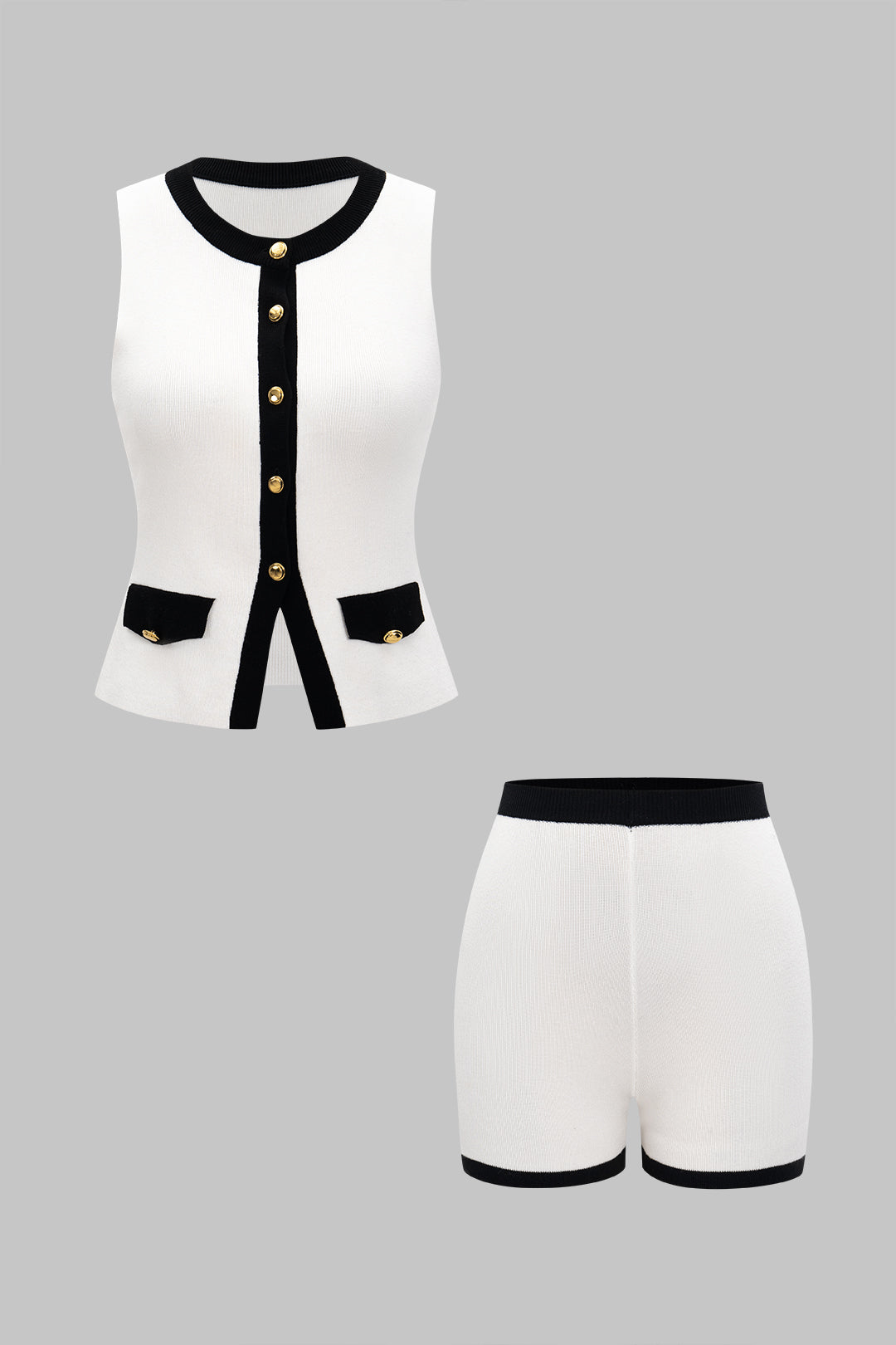 Knit Contrast Binding Metallic Button Fake Pocket Vest And Shorts Set