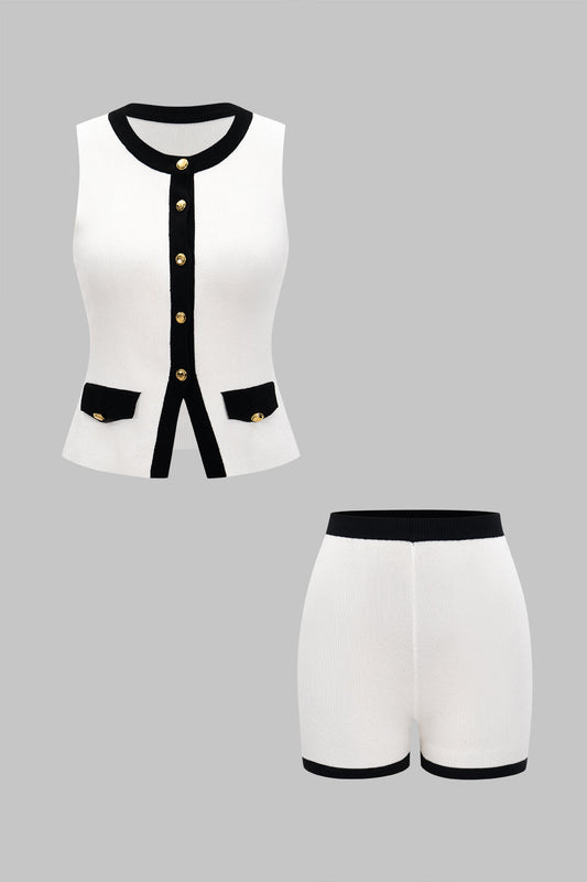 Knit Contrast Binding Metallic Button Fake Pocket Vest And Shorts Set