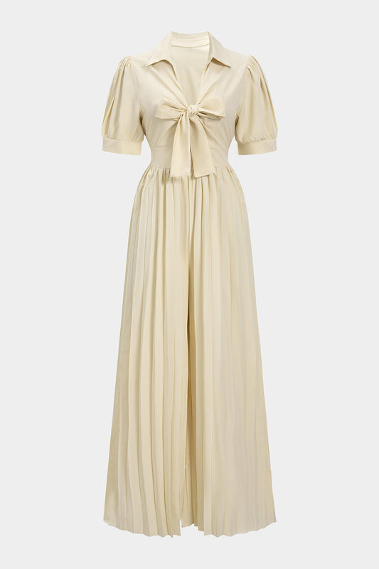 Knotted Pleated Tie-Front Short Sleeve Jumpsuit