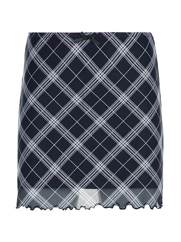 Blue Vintage Plaid Hem Mesh Mini Skirt with Bow