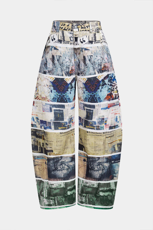 Retro Pattern Low Waist Barrel Trousers