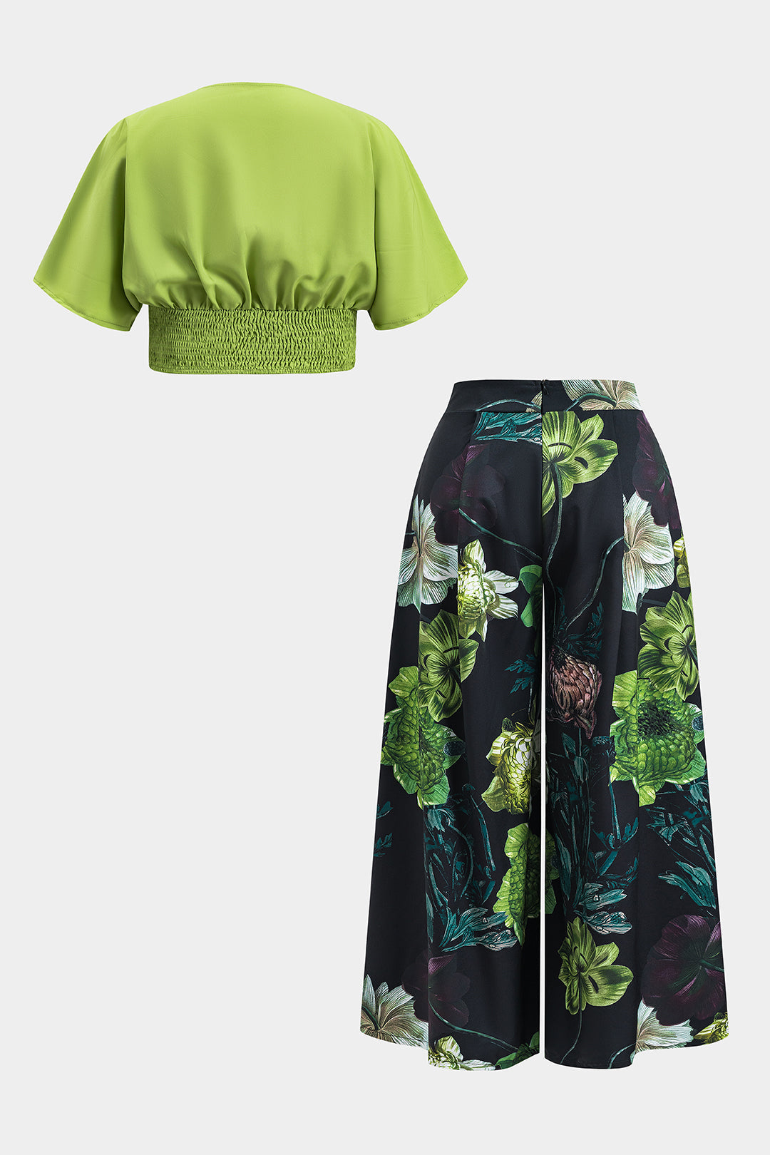 Plus Size V-Neck Ruched Tank Top And Floral Print Trousers Set