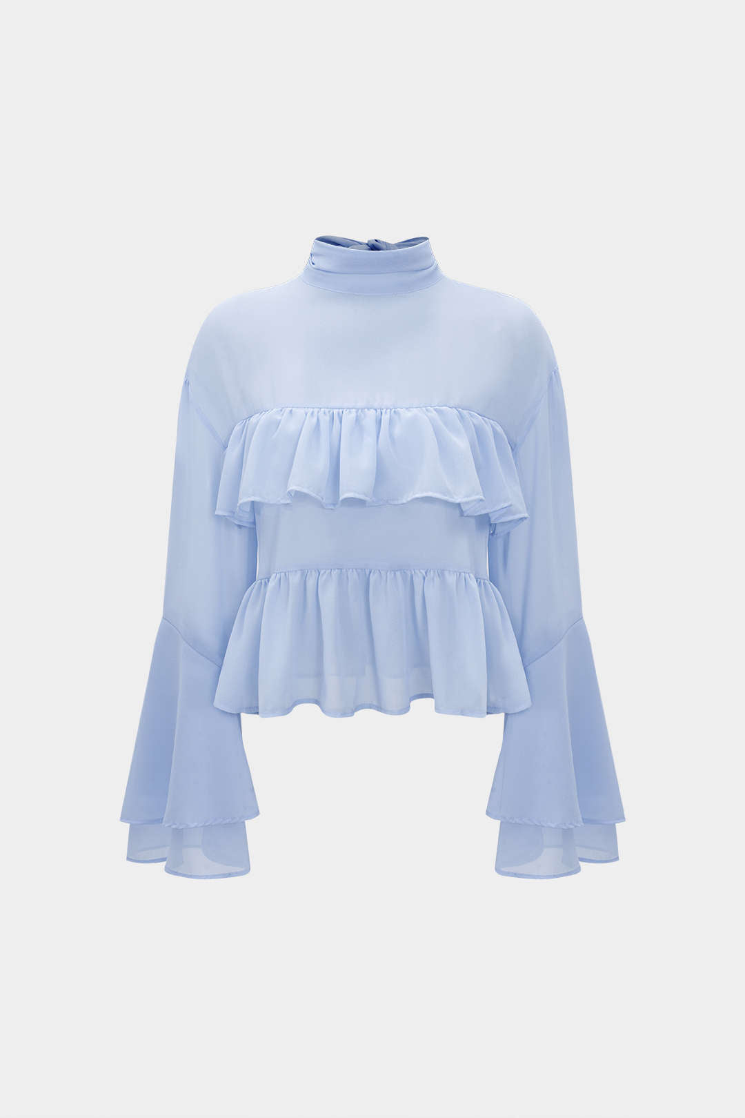 Chiffon Ruffle Hem Tie-Back Shell Long-Sleeve Shirt