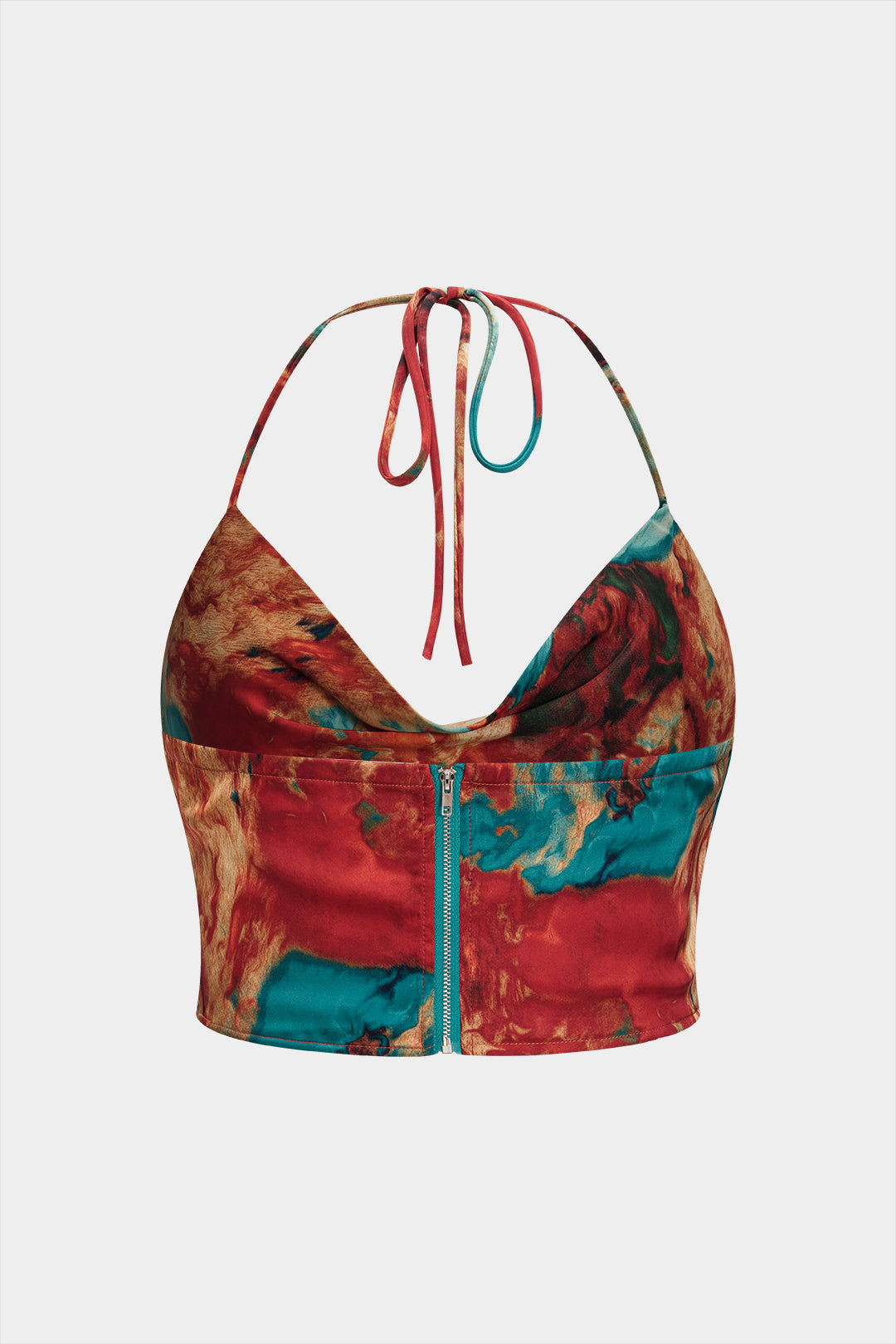 Plus Size Satin Abstract Pattern Zipper Cowl Neck Halter Neck Tie-Up Cami Top