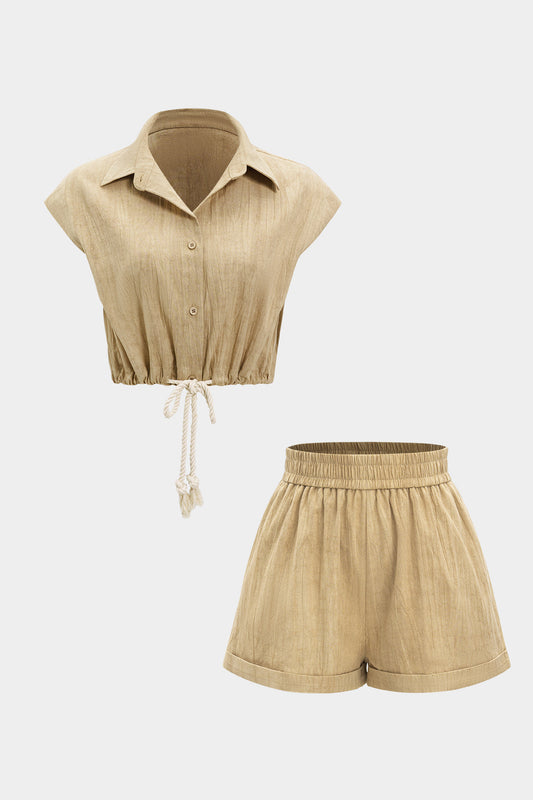 Ruched Drawstring Tank Top And High Waist Shorts Set