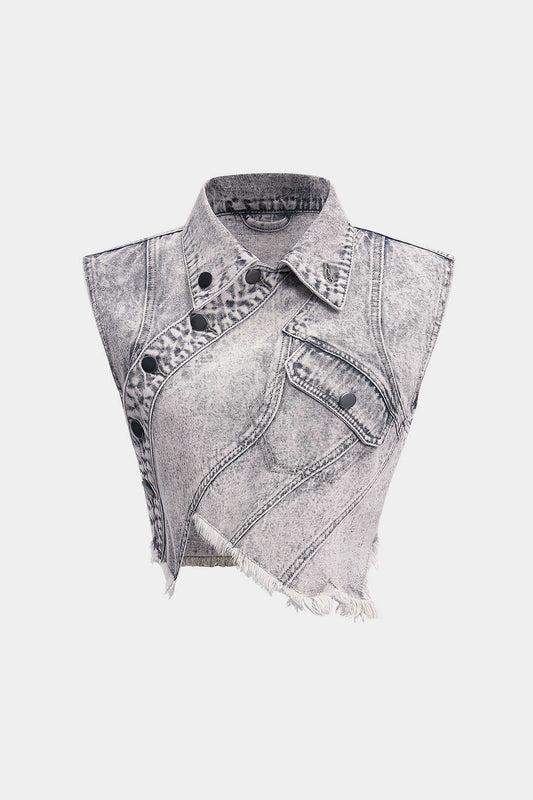 Denim Button Washed Asymmetrical Crop Tank Top