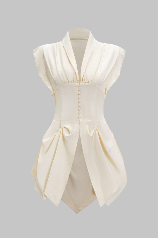 V-Neck Ruched Flutter Sleeve Button Corset Waist Tie-Back Shirt