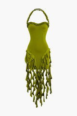 Solid Color Ruffle Tassel Halter Bustier Mini Dress