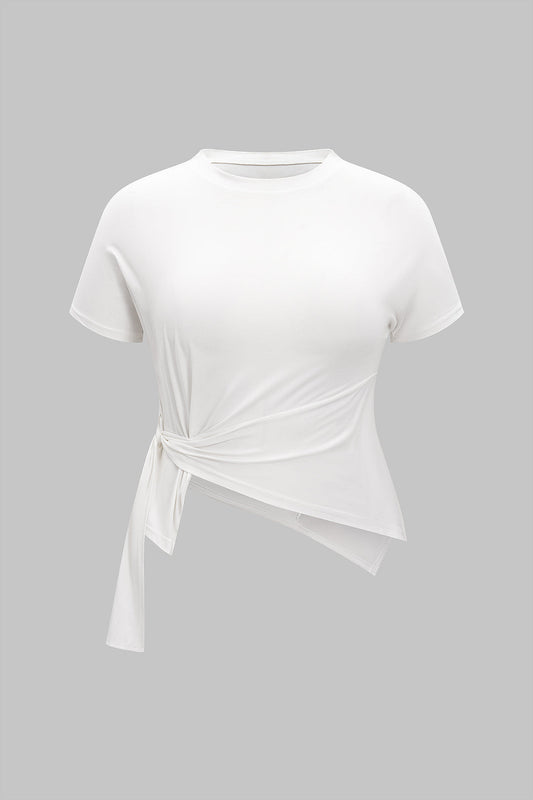 Plus Size Round Neck Tie-Up Short Sleeve T-Shirt