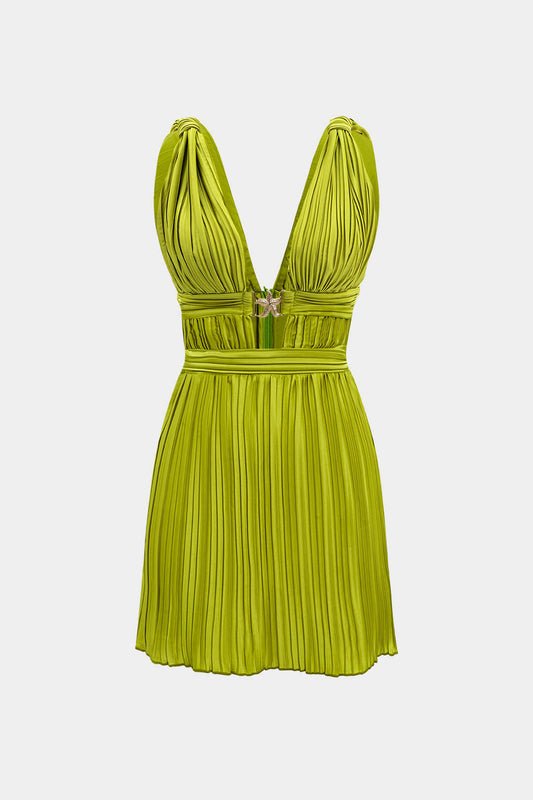 Satin Pleated V-Neck Sleeveless Mini Dress