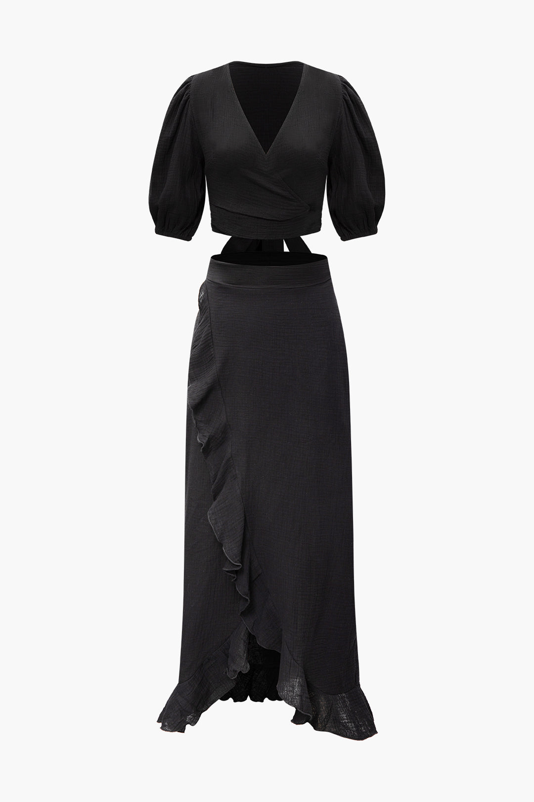 Puff Sleeve Wrap Tie Blouse And Ruffle Skirt Set