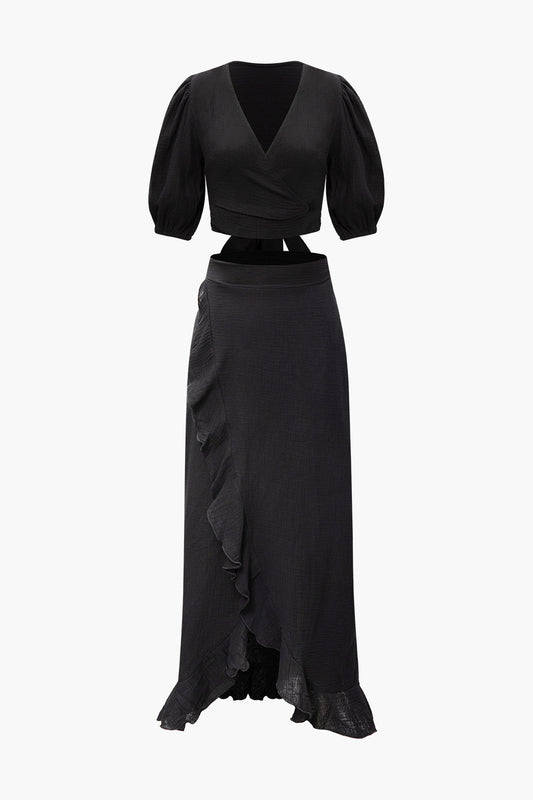 Puff Sleeve Wrap Tie Blouse And Ruffle Skirt Set
